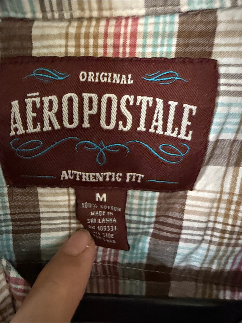 Vintage 100% cotton Aéropostale Plaid Button-Down Shirt in Brown, Aqua & red